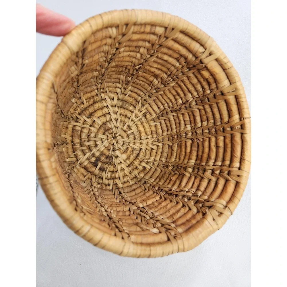 Vintage Primitive Coil Basket Grass Hand Woven Brown Tan Planter Pot Decor Thick